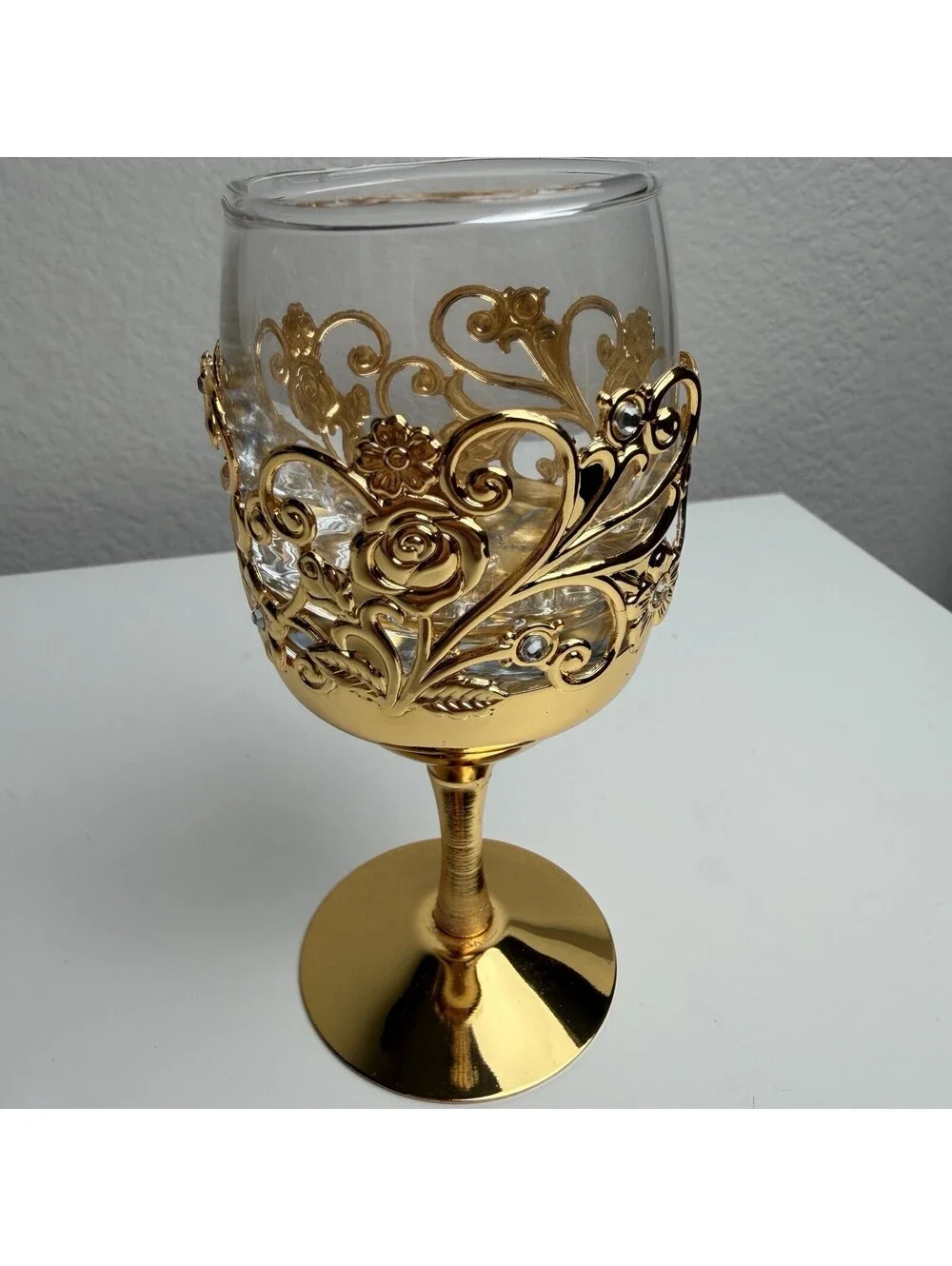Gold Filigree Rhinestone Wine Goblet Floral Scrollwork Ornate Decorative Glass
